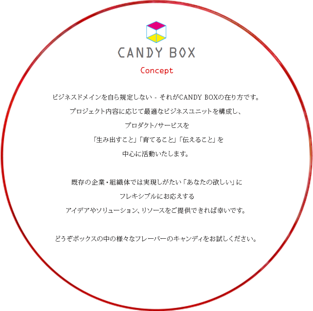 ビジネスドメインを自ら規定しない - それがCANDY BOXの在り方です。プロジェクト内容に応じて最適なビジネスユニットを構成し、プロダクト/サービスを「生み生み出すこと」「育てること」「伝えること」を
中心に活動いたします。既存の企業・組織体では実現しがたい「あなたの欲しい」にフレキシブルにお応えするアイデアやソリューション、リソースをご提供できれば幸いです。どうぞボックスの中の様々なフレーバーのキャンディをお試しください。